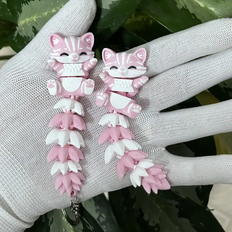 3D-gedruckter rosa Katzen-Schlüsselanhänger mit beweglichem, flexiblem Schwanz, niedliches Cartoon-Design zur Rucksackdekoration, Geschenk für Katzenliebhaber – Detail 6