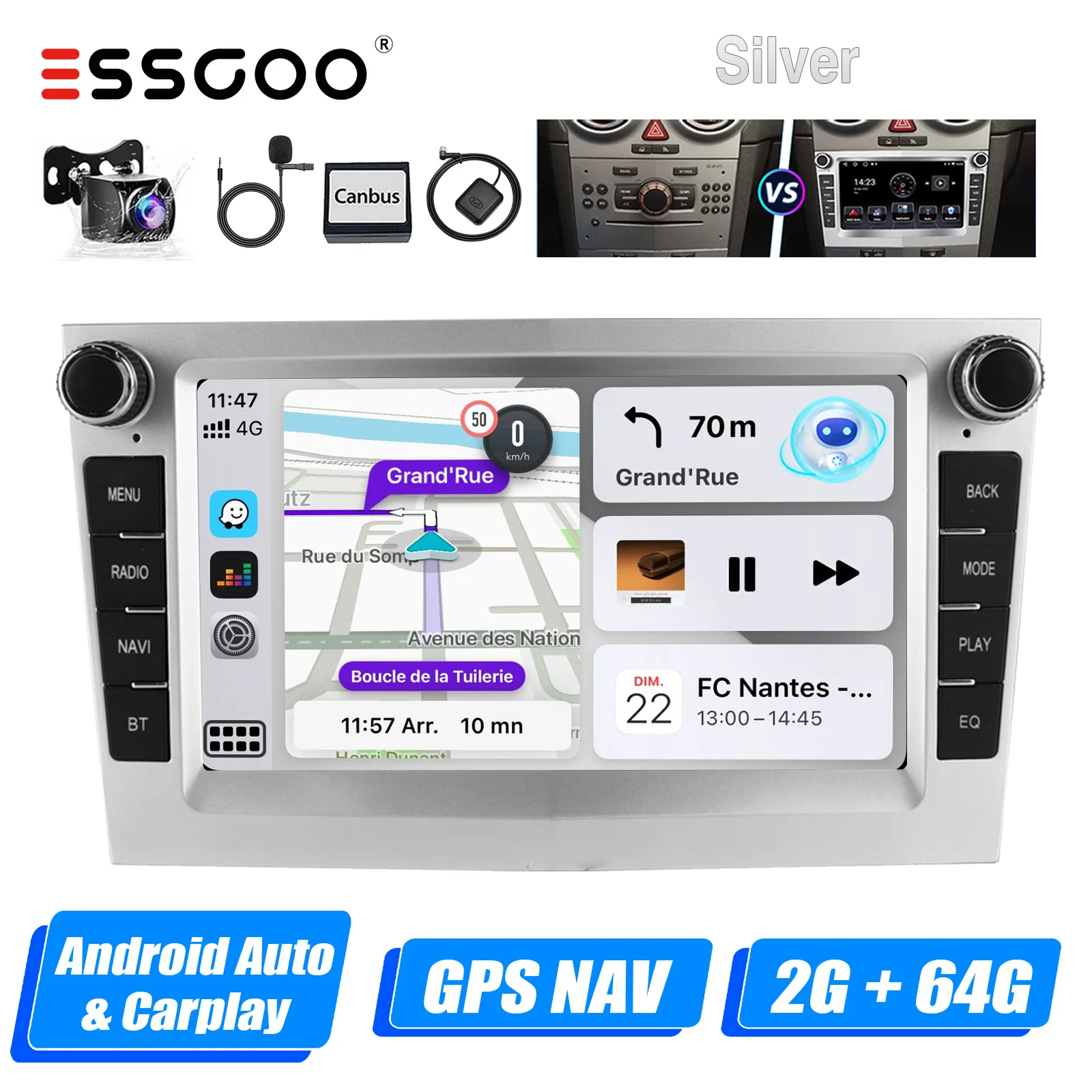 ESSGOO Android 14 4 + 64G CarPlay autoradio voor Opel/Vauxhall Astra G H Corsa C D Vectra Android Auto GPS NAV DAB + Zilver
