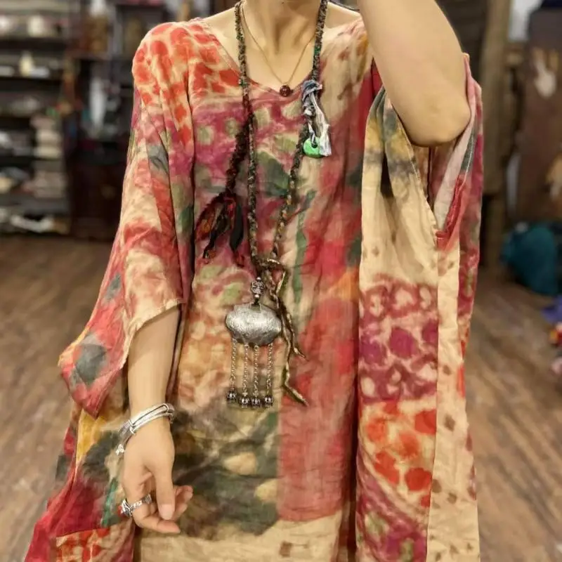 2026 Summer Arts Style Women O-neck Batwing Sleeve Loose Casual A-line Long Dress Vintage Print Cotton Linen Dresses High Qualit
