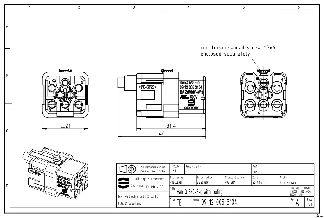 09120053104 HARTING Han Q series Straight Body Female connector insert