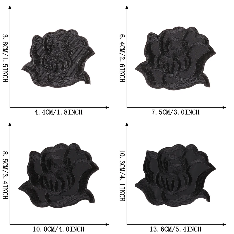 4 Stück schwarze Rosen-Blumen-Aufnäher zum Aufbügeln für Kleidung, bestickte Jacken, DIY-Set, niedliche Kinder-Aufnäher, Aufkleber für Mädchen, thermoadhäsiv – Detail 2