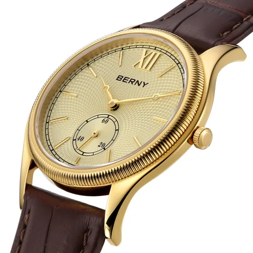Imagen 1 del producto Relojes BERNY de lujo para hombre, vestido elegante clásico ultrafino, reloj de cuarzo dorado para hombre, correa de cuero, reloj de pulsera de negocios a la moda