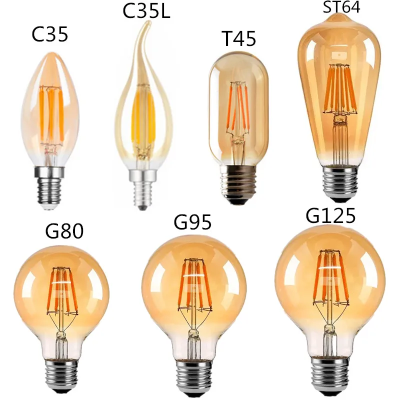 LED Edison Filament Light Retr Bulb Brown Golden T45 G80 G95 G125 4W 8W 2700K  E27 AC 220V 110V Dimmer Restaurant Bedroom