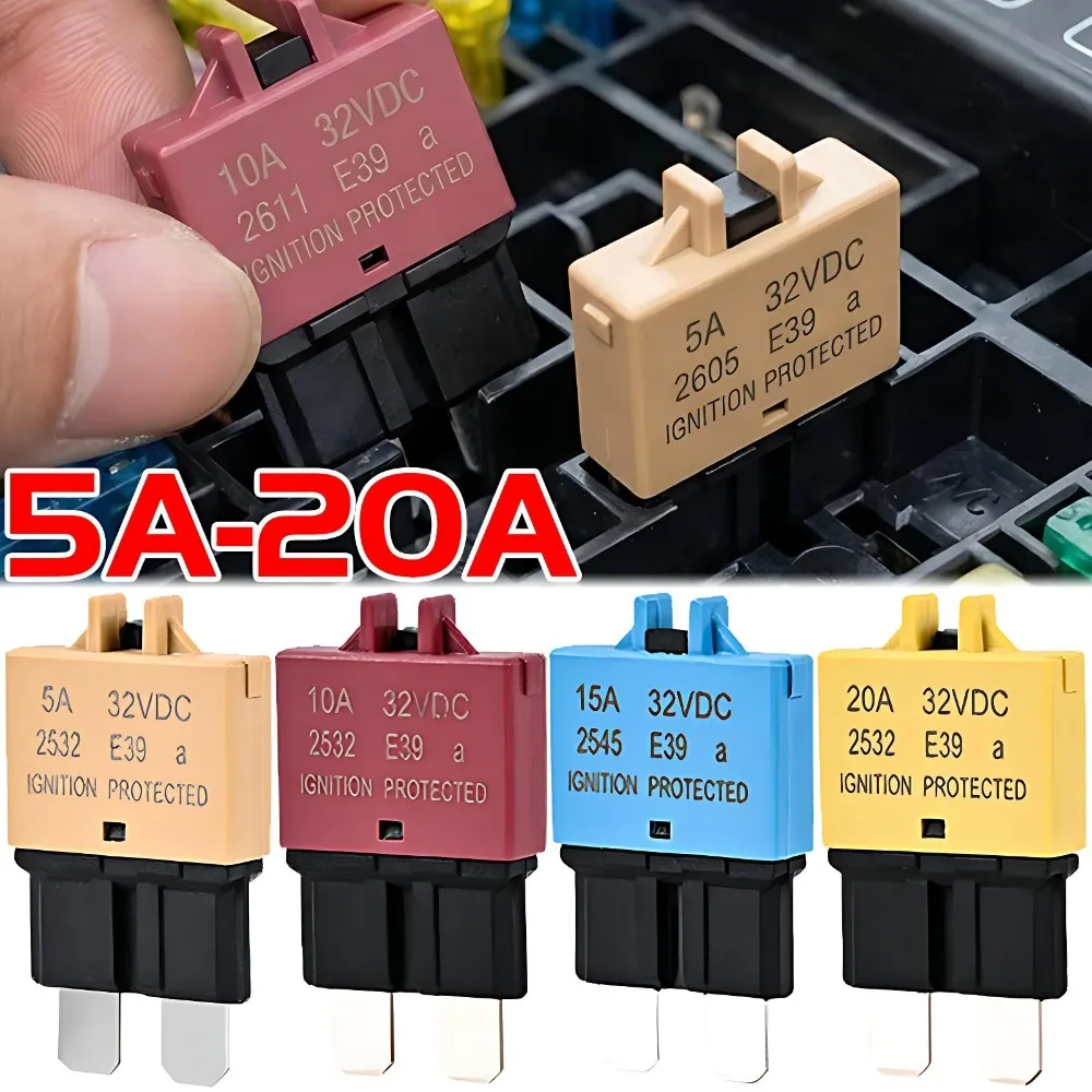 E39 Auto-Rücksetzbare Sicherung, Schutzschalter mit Manueller Rücksetzfunktion, Sicherungsadapter 32V DC 5A 10A 15A 20A für Auto, LKW, Boot, Marine