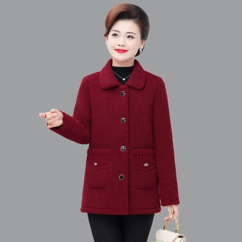 Middle Aged Women Lamb Wool Jacket 2023 New Winter Jacket Velvet Warm Cotton Clothes Parkas Female Grain Velvet Coats Outerwear