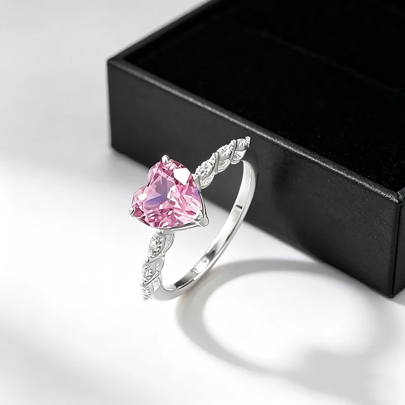 S925 Silver Ring 7*7mm Heart‑Cut Pink Lab‑Created Gemstone Solitaire Ring Twisted Pave Shank Dainty Fine Jewelry Women