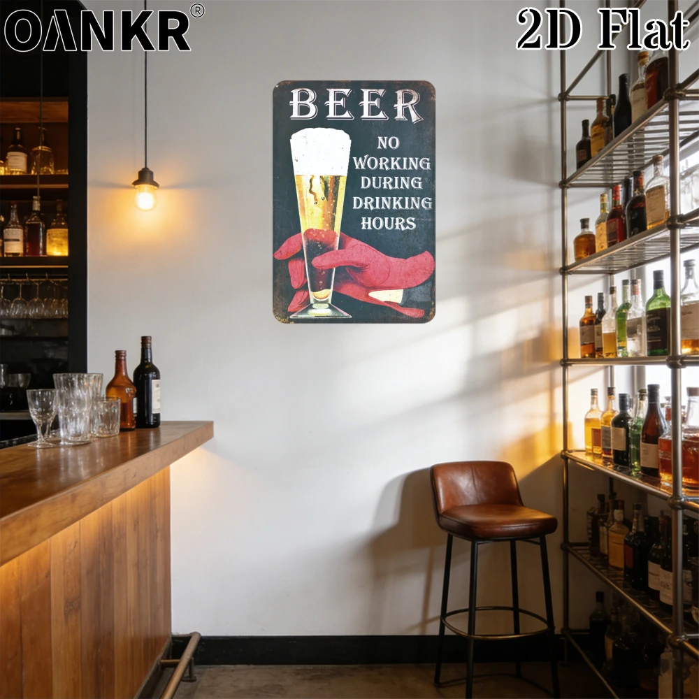 Vintage Art Beer Poster Metal Tin Sign, Beer No Working During Drinking Hours Metal Signs for Pub Bar Home Wall Decor Plaque