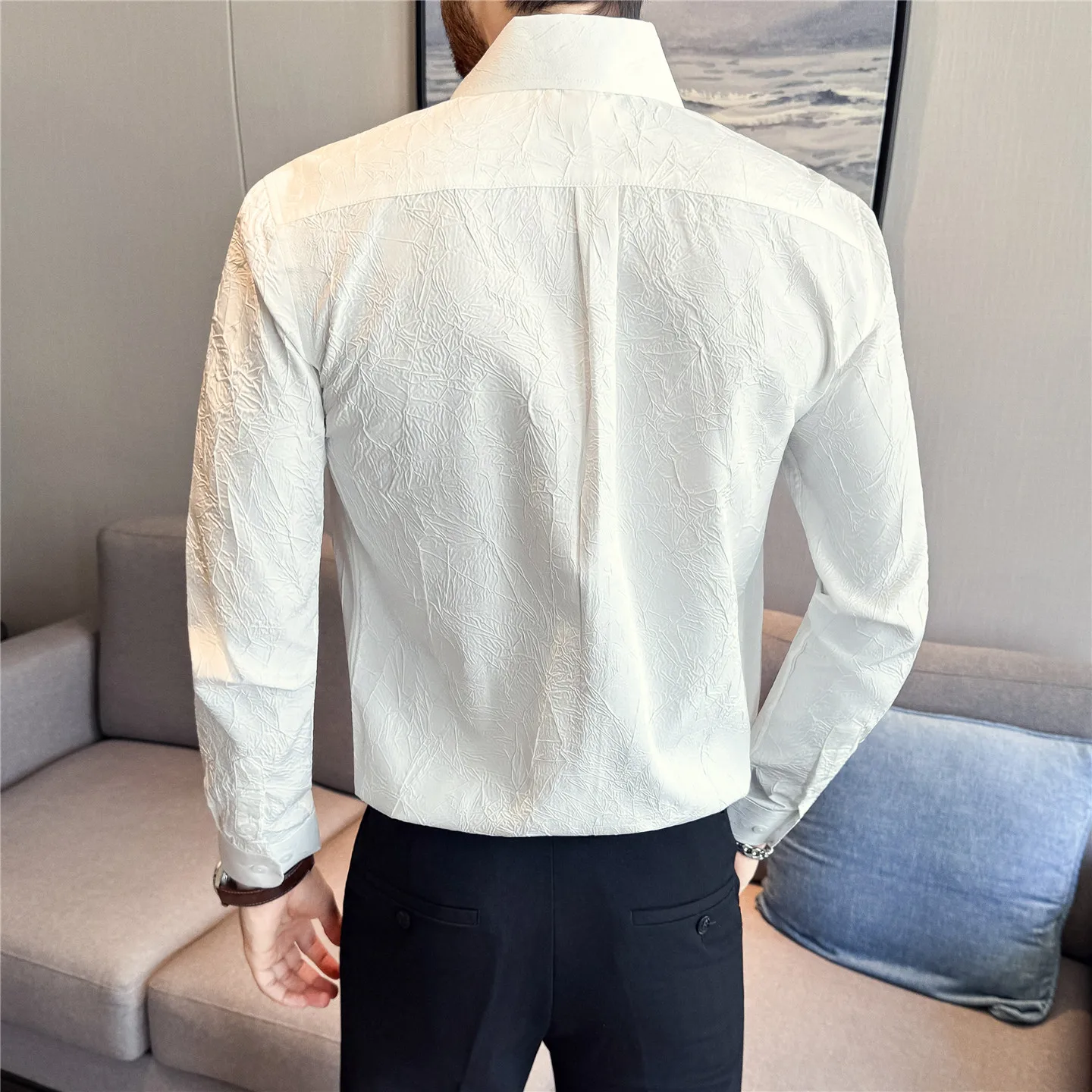 الخريف عالية الجودة قميص الرجال طويلة الأكمام مطوي تصميم الخامس الرقبة قمصان عادية عادية الأعمال الاجتماعية قميص الرجال الملابس #3