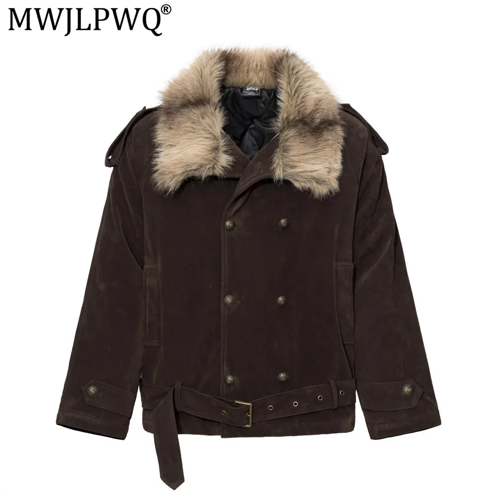MWJLPWQ Men's Winter Cotton Jacket Faux Fur Collar Quilted Stylish American Design Double Button Long Sleeve Casual Tops 21383