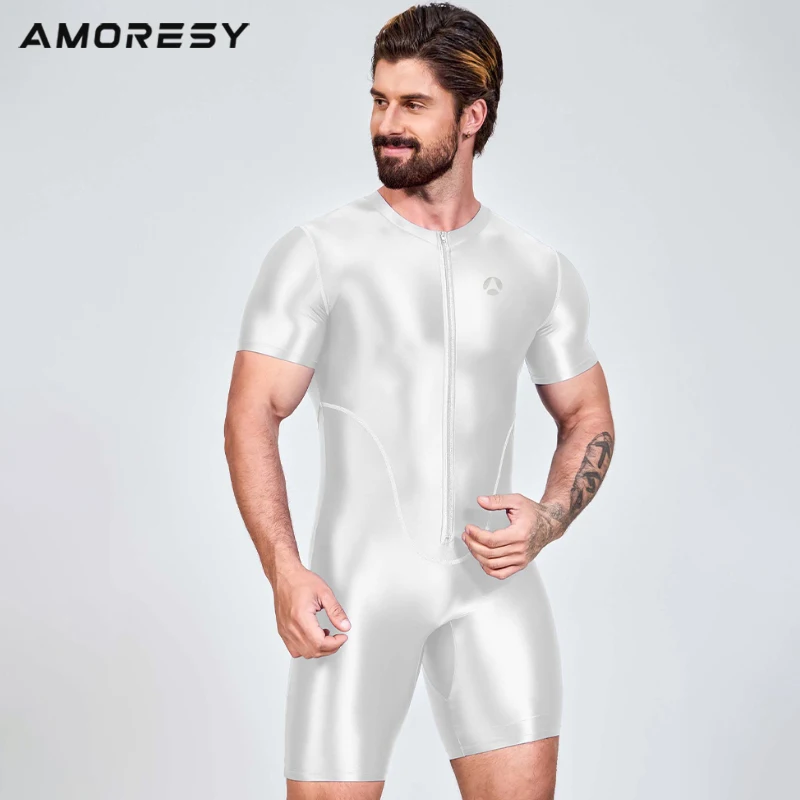 AMORESY Men Satin Glossy One Piece Tights Short Sleeve Leotards Cycling Competition Jumpsuits Wrestling Fitness Running Overalls
