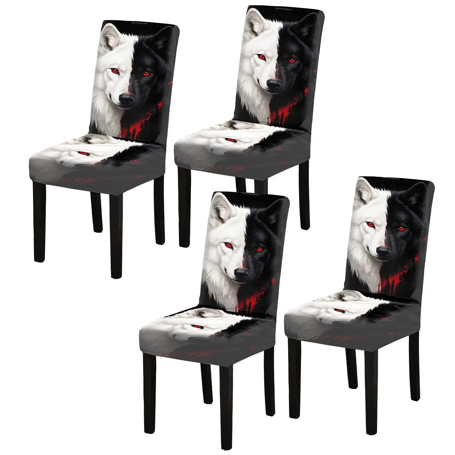 Elastic Dining Chair Cover Black and White Half Wolf Head Artwork Removable, Washable, Home Dining Chair Cover