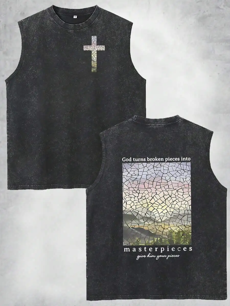 210G Washed Tank Top, Art Jesus Cross 100% Cotton | Sports Sleeveless Tank Top | Micro Elastic | Men's Training Tank Top |