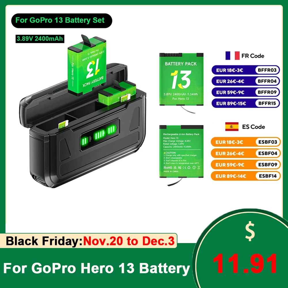 2400mAh GoPro Hero 13 バッテリー + 3 スロット LCD USB-C 充電ブラックバッテリー充電器 GoPro 13 Gopro13 Go Pro 13 バッテリーカメラ用