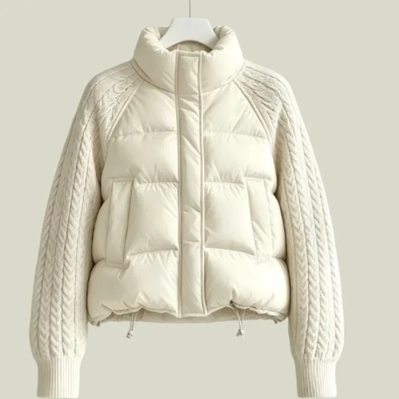 Women Down Cotton Parkas Jacket Cable Knit Sleeve Spliced Stand Collar Thick Warm Short Coat Petite Ladies Outerwear