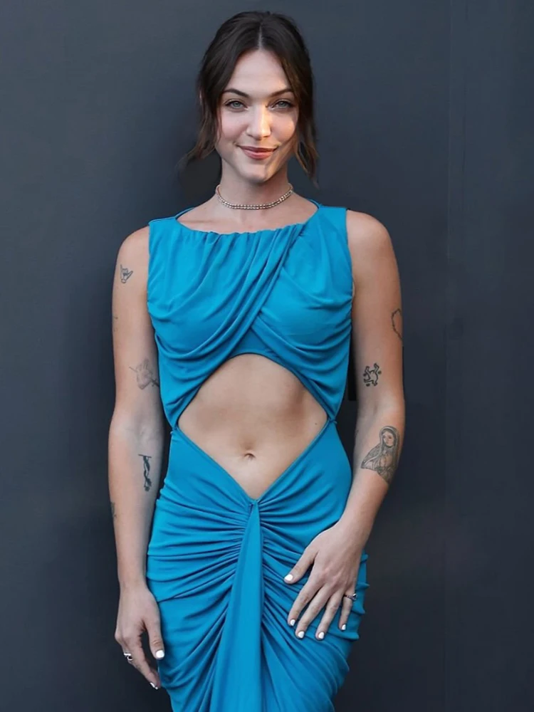 Vestido de noite azul turquesa com corte sexy PB – vestido maxi drapeado sem mangas com detalhes franzidos elegantes novos vestidos de festa 2025