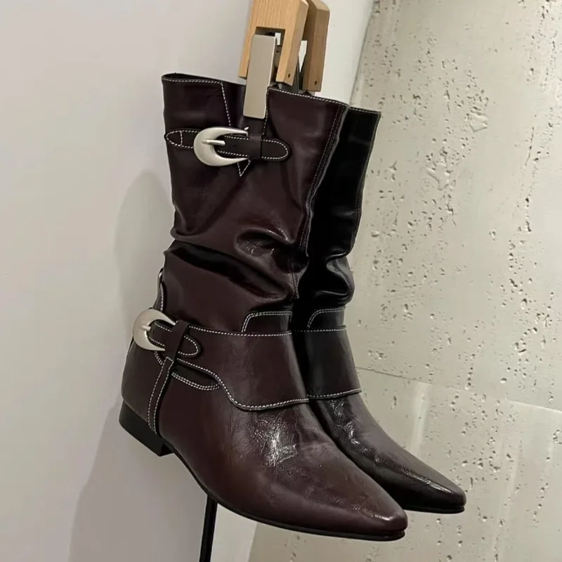 Retro Knight Boots Autumn New Fashion Pointed Toe Metal Belt Buckle Inside Heightened Anti-Slip Wear-Resistant Mid-