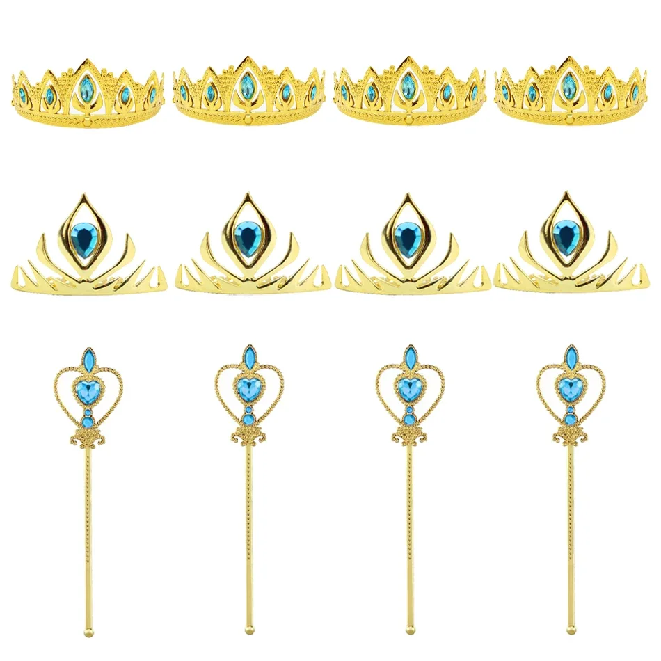 Gilrs Snow Queen Gold Crown Blue Crystal Princess Prom Crown Magic Wand Hair Comb for Girls Birthday Headwear Children Best Gift