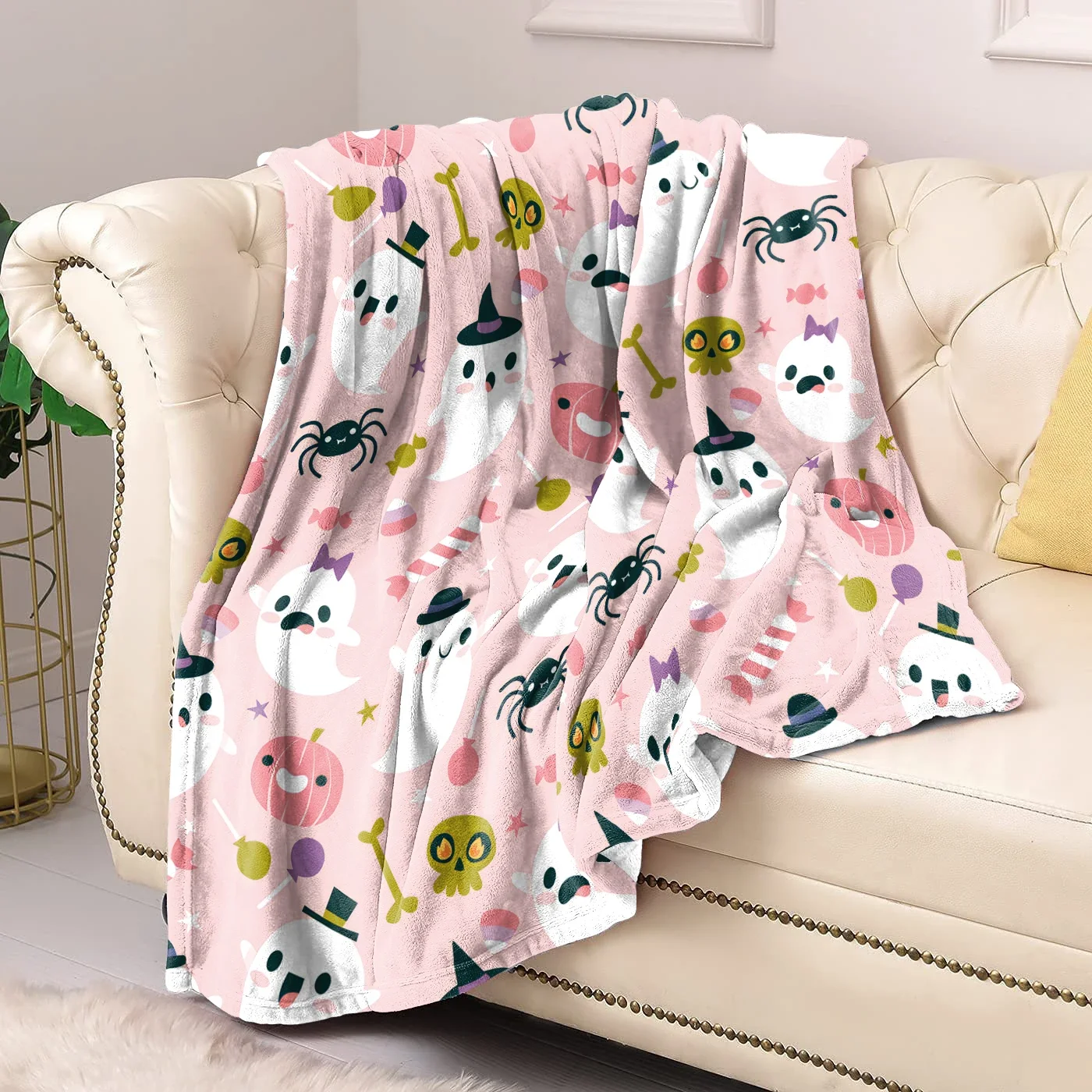 Halloween Cute Pink Flannel Blanket Ghost Double-Sided Printed Warm Soft Bedding Balnkets Decor Home Bedsqreads Holiday Gifts