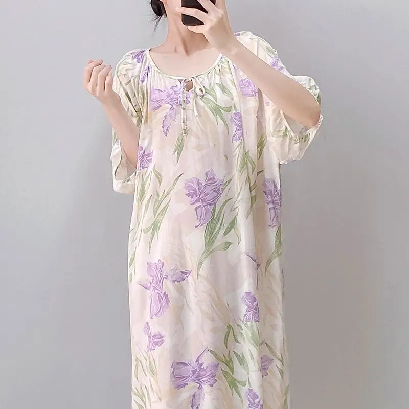 Artificial Underwear Women's Summer Medium-sleeved Long Dress Large-size Maternity Dress Short-sleeved Cotton and Silk Nightgown
