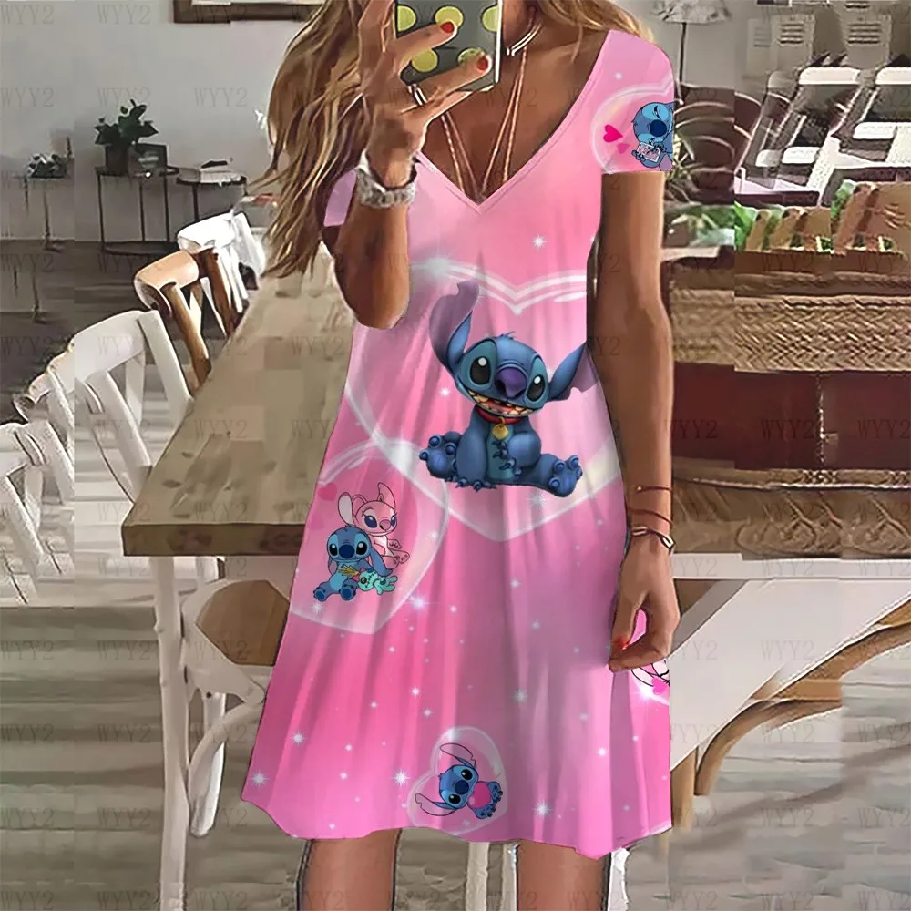 Elegantes und modisches, lockeres Sommer-Damen-Rollenspiel-Kleid mit V-Ausschnitt, lässiger und bequemer cooler Strandrock mit Disney-Stitch-Aufdruck
