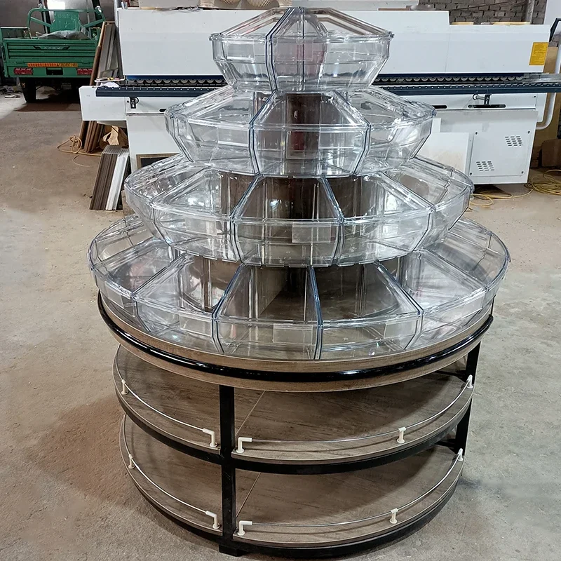 Customized supermarket dried fruit display cabinet loose snack biscuit cabinet candy cabinet steel and wood shelf round middle i