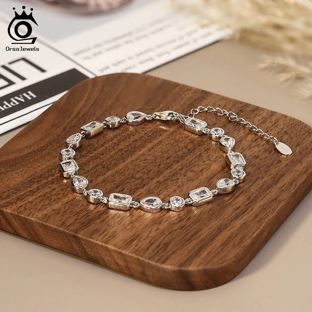 

ORSA JEWELS 925 Sterling Silver Geometric Tennis Bracelet Inlaid With 5A Zircon Crystal Luxury Fashion Women Gift Jewelry SB213