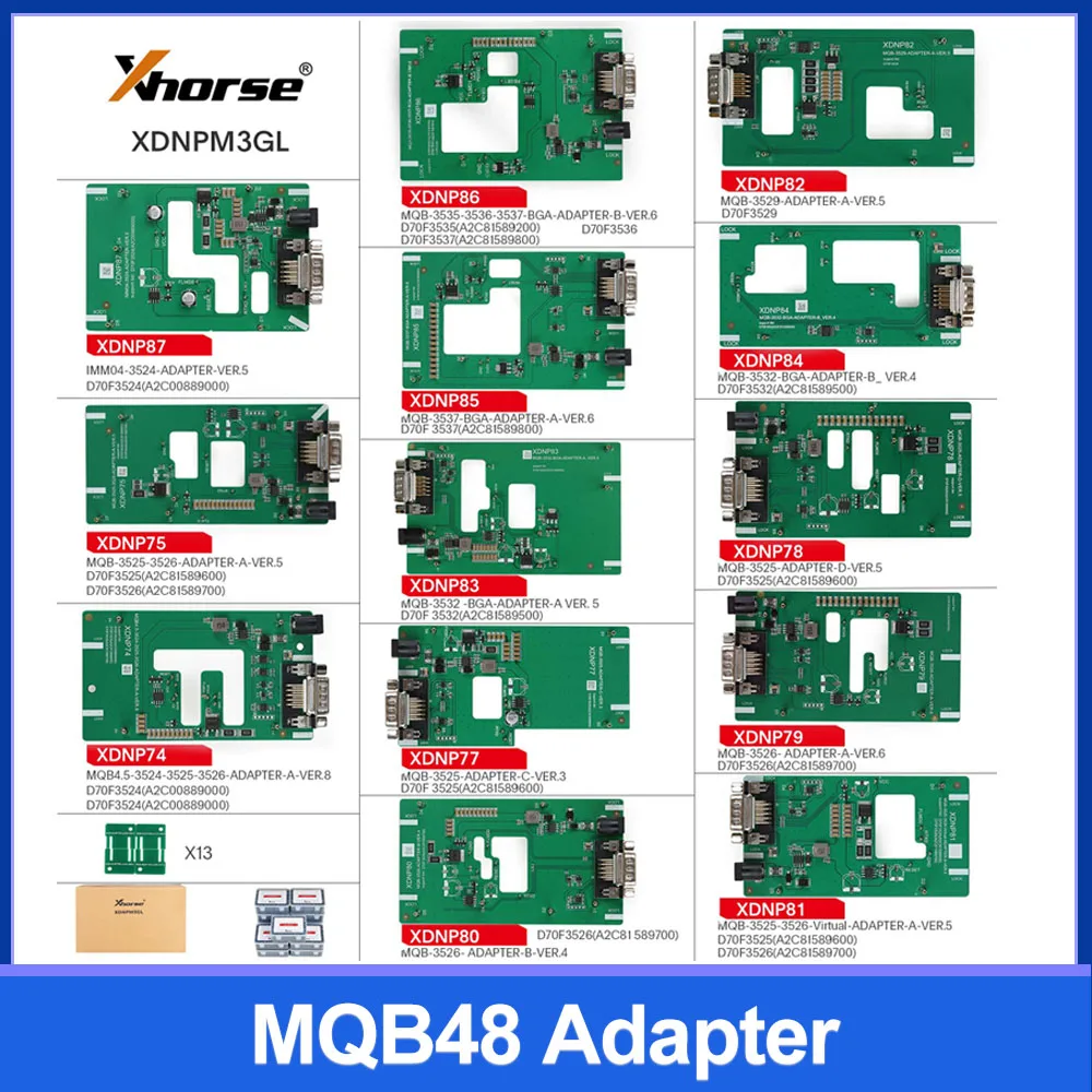 

Xhorse XDNPM3GL MQB48 Adapter Without Soldering Adapters Full Package 13pcs For Xhorse Multi-Prog / VVDI Prog / Key Tool Plus