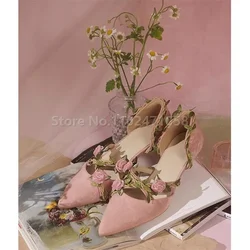 Retro Women Pumps Pink Flower Vine Decor Pointed Toe Thin Heels Wedding Bride High Heels Shoes Shallow Slip-On Summer Sandals