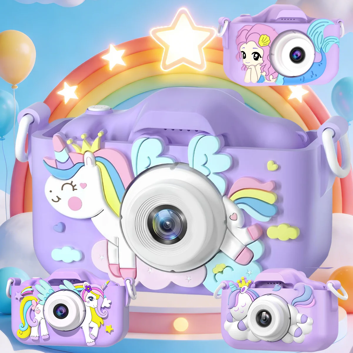 Câmera Digital Infantil para Crianças de 3 a 12 Anos, Tela HD de 2.4'' com Adesivos/Quadros de Desenhos Animados, Jogos Divertidos