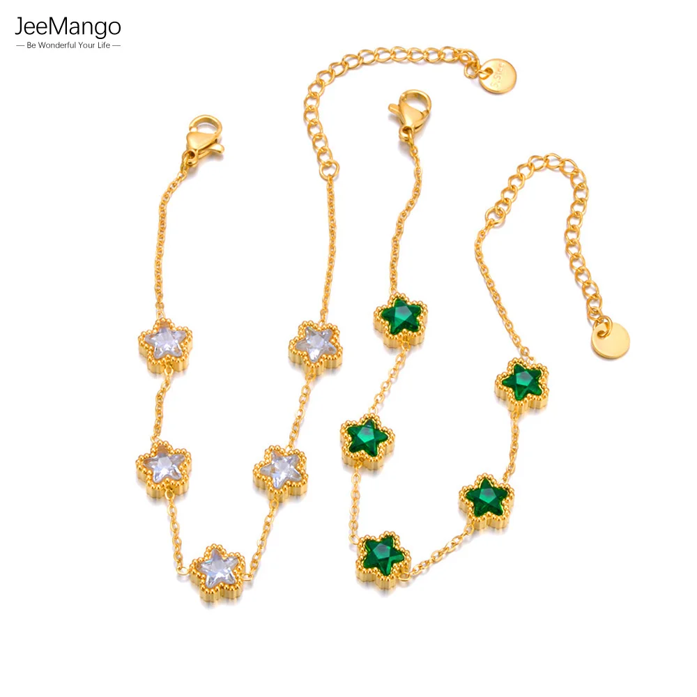 

JeeMango Luxury Green White Cubic Zirconia Stainless Steel Star Bracelet Women Waterproof Trendy Premium Chain Jewelry JB24003