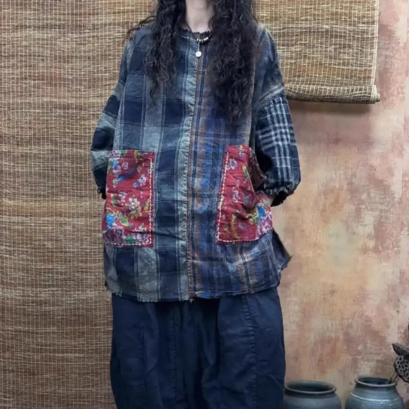 

New Spring Autumn Arts Style Women Batwing Sleeve O-neck Long Tee Shirt Double Pockets Plaid Cotton Linen Tops Tees High Quality