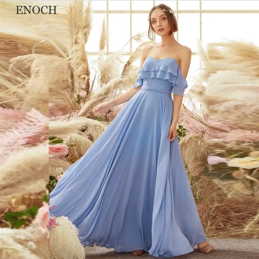 

ENOCH Simple Off The Shoulder Chiffon Bridesmaid Dresses Plain Ruched Sweetheart Zipper Back Floor Length Wedding Party Gown New