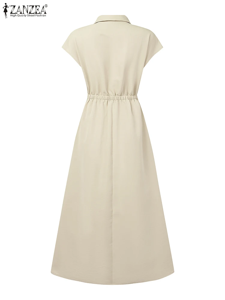Zanzea moda 2025 verão em camadas midi vestidos sólidos feminino elegante turn-down colarinho camisa manga boné a linha robes femme