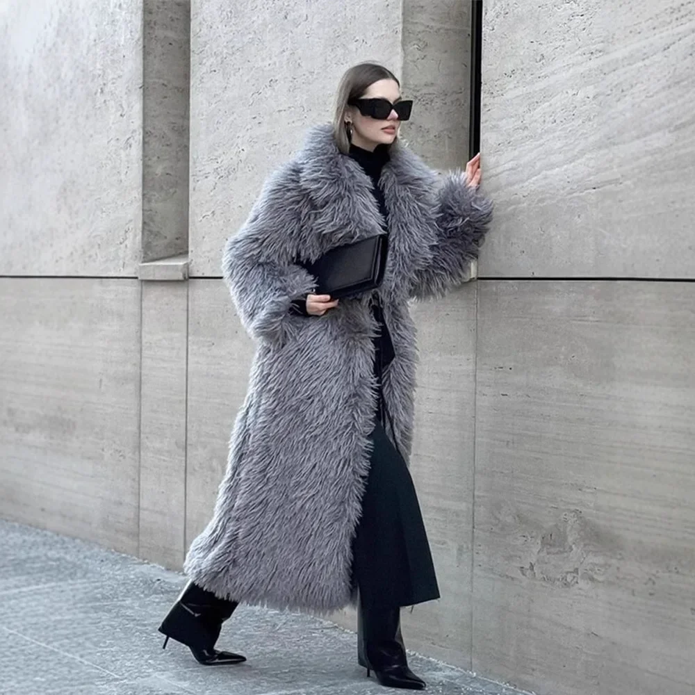 Mantel Bulu Imitasi Panjang Wanita Y2k Mantel Tebal Hangat Berbulu Kerah Lipat Y2k Jaket Streetwear Elegan Musim Gugur Musim Dingin Jaket Maxi