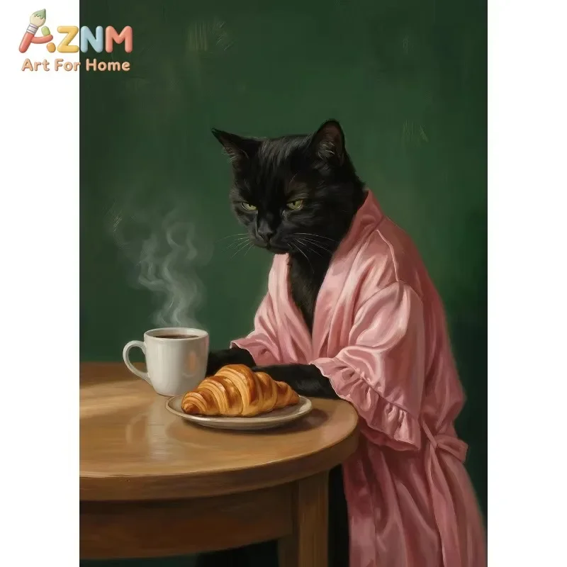 Cute Black Cat Food Canvas Wall Art Funny Donut Pancake Cake Cat Portrait Print Unframed Canvas Painting Living Room Kitchen Hom