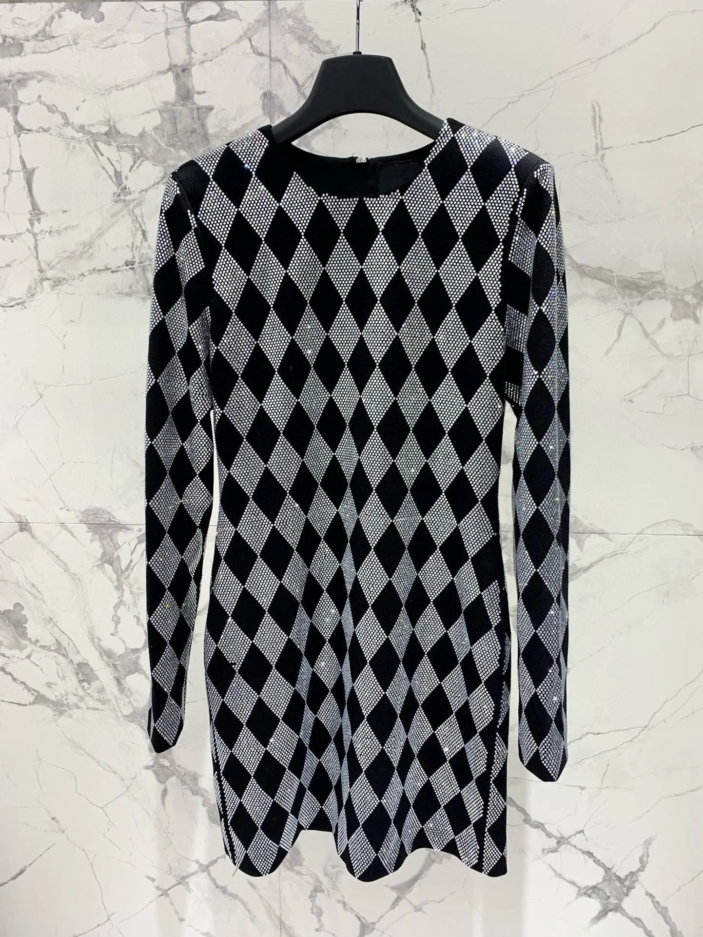 Skirt y2k Spring/Summer Black And White Diamond Check Knit Long Sleeve Short Dresses2025Stretchy Slimming Slimming Party Dresses