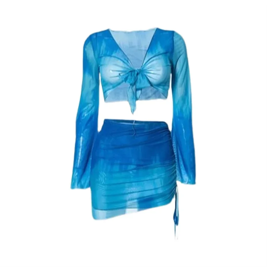 Coreano 4 peça conjunto de biquíni feminino azul tie dye malha manga longa cobrir com saia plissada maiô praia maiô