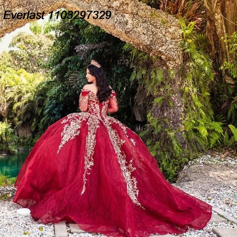 EVLAST vestido De quinceañera rojo, vestido De baile, apliques De encaje dorado con cuentas, corsé De manga larga, dulce 16, 15 años, TQD658