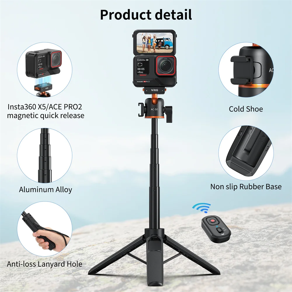 VRIG Bluetooth Remote Magnetic Quick Release Tripod for Insta 360 Ace Pro/Ace Pro 2/X5 Extended Camera Tripod w 360°BallHead