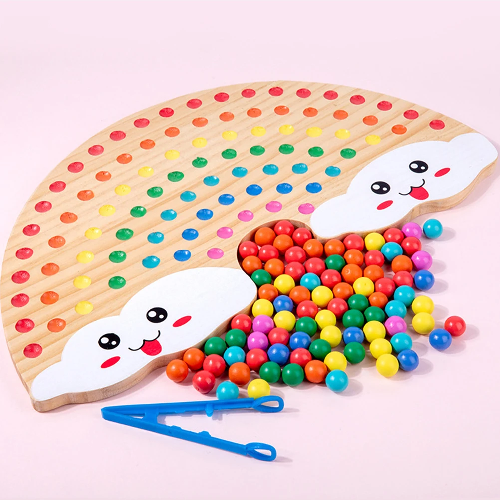 1 Set Of Bead Clipping Game Rainbow Wooden Board Puzzle For Kids Color Recognition Intelligence Development Training Plaything