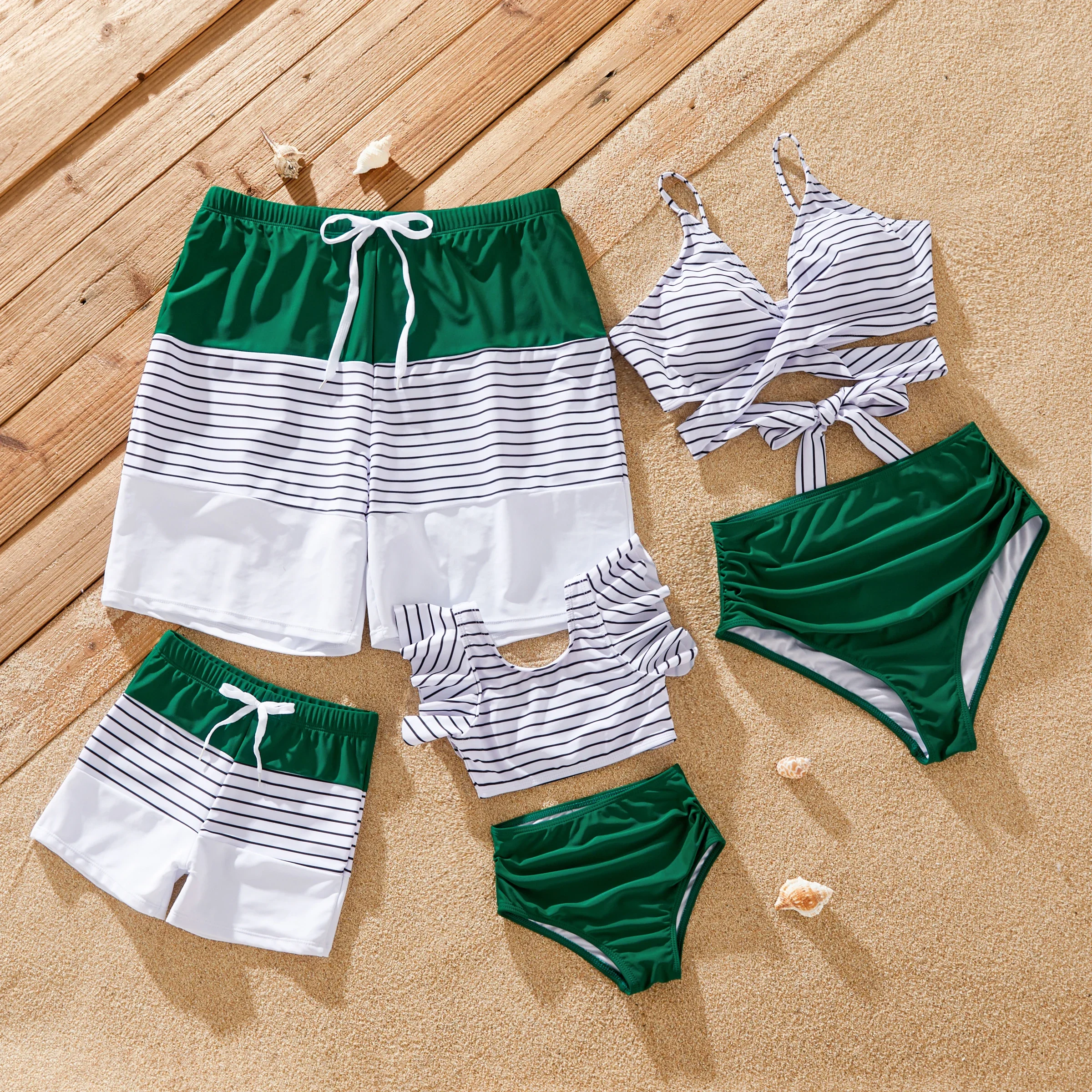 PatPat Family Matching Color Block Drawstring Swim Trunks or Stripe Cross Front Two-Piece Swimsuit Suitable for Summer Season