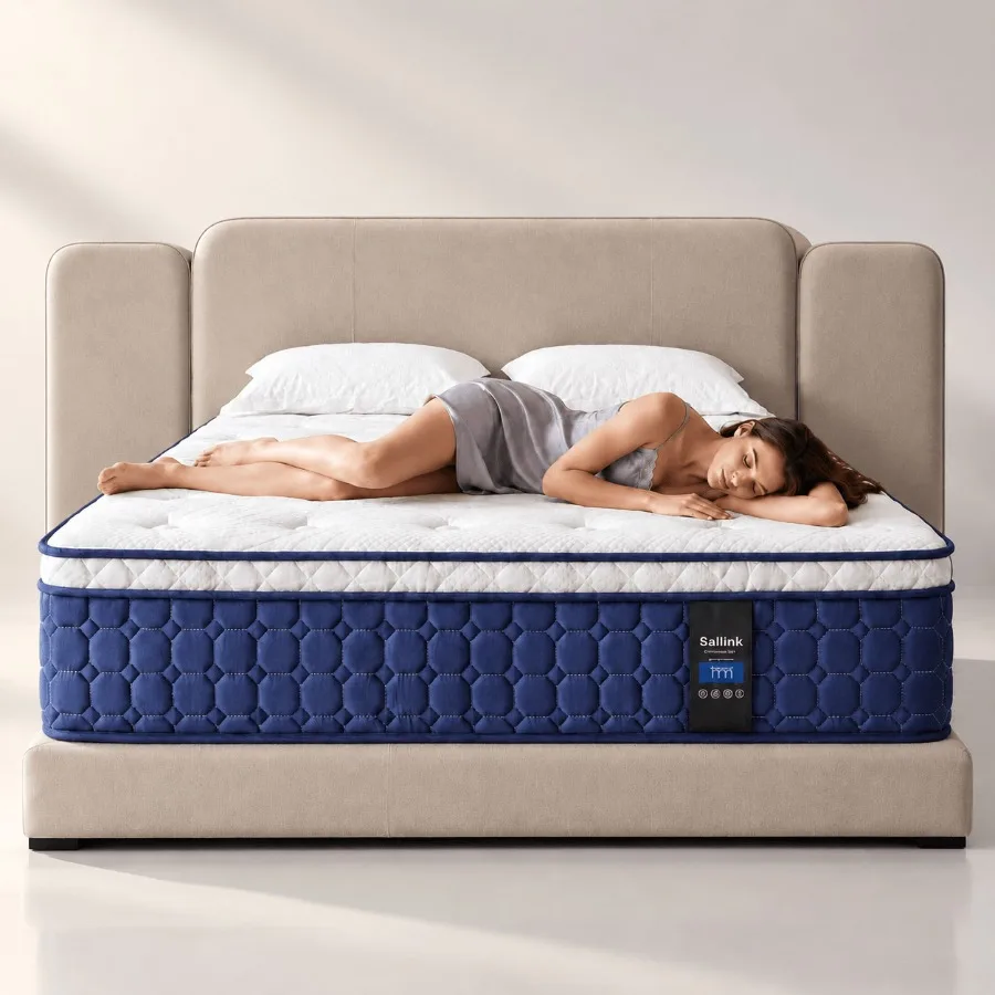 14 Inch Queen Mattress for Home Use, Hybrid Fabric with Grey Cover, Medium Firm Support Motion Isolation via Pocket Springs, Fi