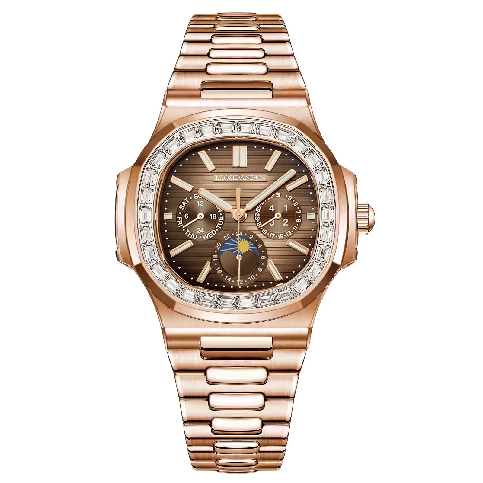 Luxury Nautical Design Automatic Watch 40mm, Stainless Steel Curved Bezel with Date & Diamond Markers, 5ATM Waterproof Sapphire
