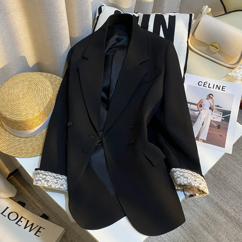 Women Elegant Beige Stitching Lace Cuff Suit Jacket Female Fashion French Simple Loose Casual Black Office Lady Suit Jacket