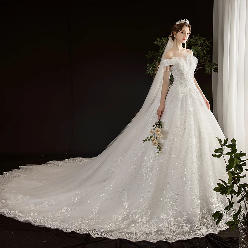 Main Wedding Dress 2026 New Bridal Summer off-Shoulder Mori Style Luxury French Starry Long Trailing Light Gauze Dress