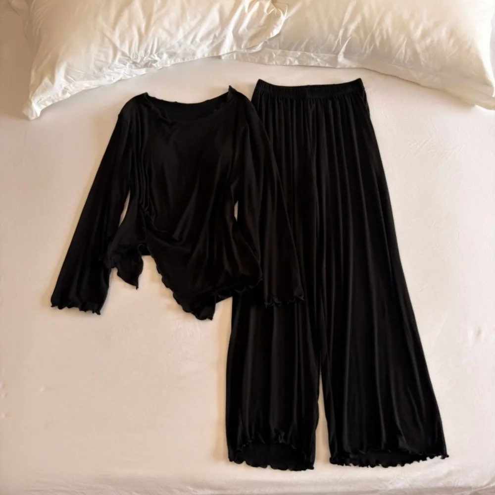 Women's Nightwear Autumn Thin Sleepwear Lady Long-sleeved TrousersTwo-piece Solid Color Chest Pad Pajamas Women Home Clothes