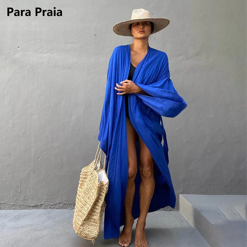 Para Praia Solid Cotton Bikini Cover Ups Beachwear Kimono Beach Robe Maxi Long Dress Sarong Women Loose Cardigan Swimsuit Covers