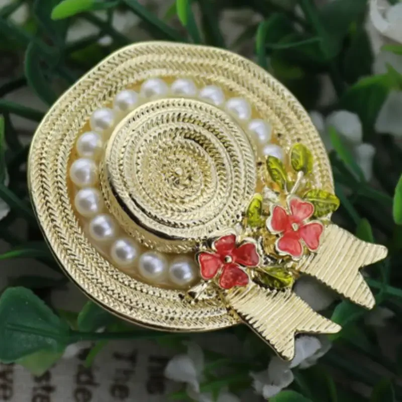 Blucome Alloy Vintage Flower Pearl Enamel Pins Literary Style Straw Hat Brooch for Woman Man Christmas Gifts