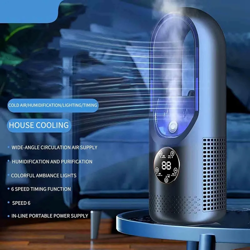 مروحة كهربائية بدون شفرات للمنزل ، أزرق ، رذاذ ، تبريد بالماء ، سطح مكتب ، عنبر ، سهلة التركيب ، سهلة التركيب