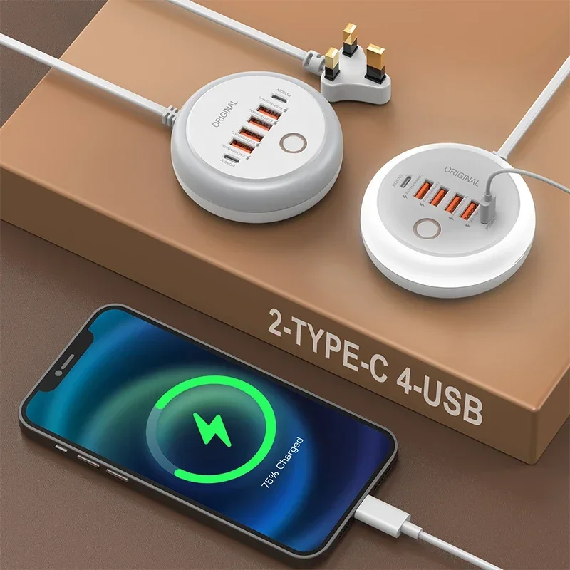 USB C Plug-in Charger Total 50W Multi-Port with Creative Round Touch LED Night Light Intelligent Fast Charging Type-C PD Charger - Image 3